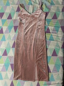 Pink Velvet Midi Dress with Slit