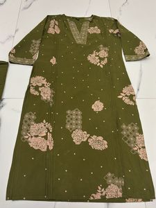 Olive Green Embroidered Kurti Set