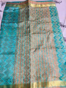 Beautiful Teal and Gold Saree with free earrings