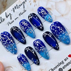 Press On Nails - Blue Ombre Floral