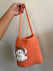 Crocheted Orange Tote Bag with Dog Charm