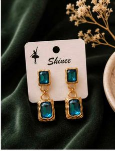Women Gold Plated Blue Stone Rectangle Drop Earrin
