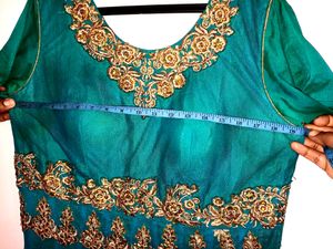 Teal &amp; Golden Peacock Green Anarkali Ethnic Gowns