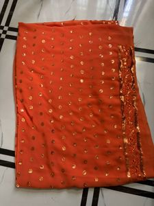 Orange Sequined Saree with attached blouse piece