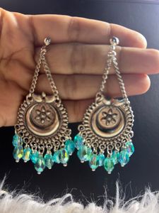 Bohemian Silver Dangle Earrings with Blue Beads