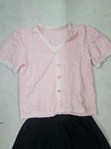 Cute Pink Lace Trim Top with black skirt