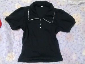 Chic Black Polo Top with Pearl Collar