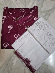 Maroon Printed Kurta with White Pants Set