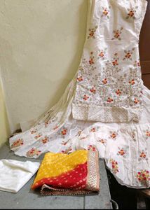 Ream-Coloured &amp; Red Floral Embroidered Cotton Anar