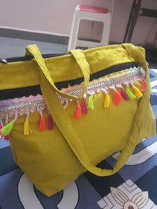 Yellow Tote Bag with Colorful Tassels