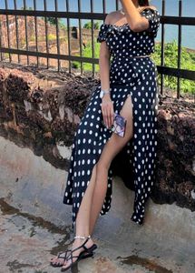 Polka Dot Off-Shoulder Crop Top with slit skirt