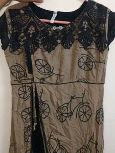Brown Kurta with Black Lace &amp; Bicycle Print
