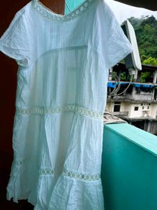 White Boho Tiered Lace Trim Gown