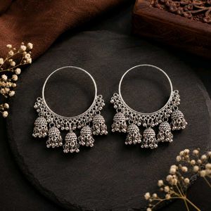 Boho Silver Jhumka Hoop Earrings