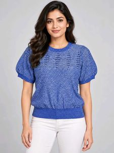 Stylish Blue Textured Short Sleeve Top