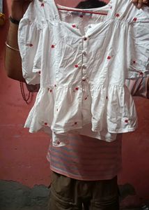 White Peplum Top with Red Embroidery