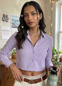 Cute Lavender Gingham Crop Shirt