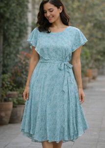 🟥Chic Blue Leaf Print Midi Dress