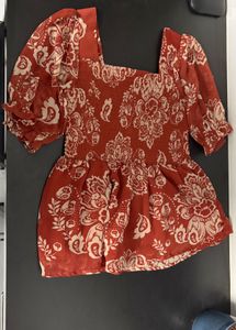 Chic Red Floral Print Smocked Peplum Top