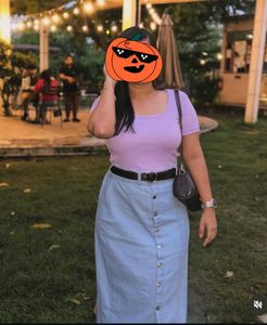 Denim Button-Front Skirt, purple Top