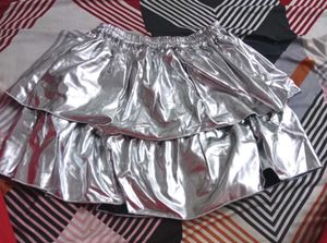 Metallic Silver Ruffled Mini Skirt