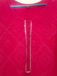 Vibrant Red Kurta with Golden Neckline