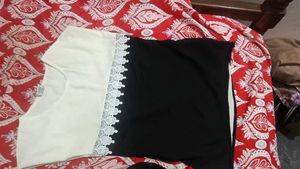 Elegant White &amp; Black Lace Trim Blouse