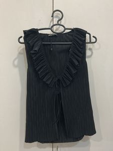 Zara Black Pleated Top with Ruffle Neckline