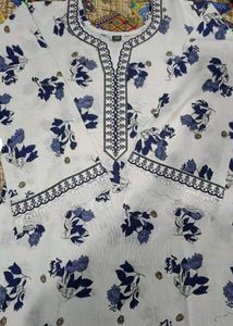 White Kurta with Blue Floral Print