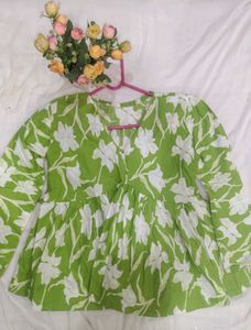 Green Floral Print Flared Kurta Top