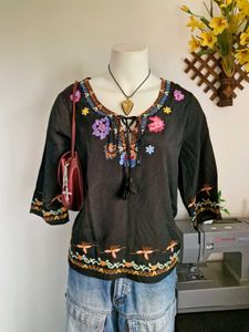 Boho Embroidered Black Top