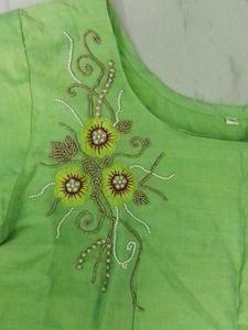 Parrot Green Kurthi With Beautiful Handwork