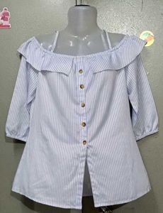 Blue Striped Doll Collar Off-Shoulder Top