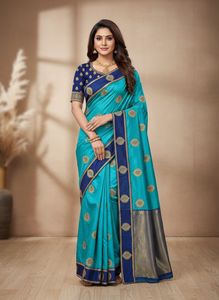 Beautiful Turquoise Saree with Gold Embroidery