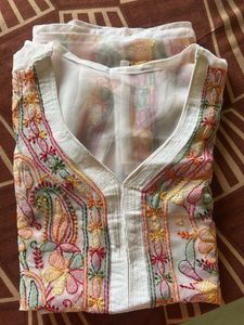 White Multi Colour Embroidered Georgette Kurta