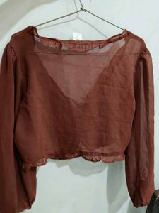 Sheer Brown Ruffle Tie-Front Top