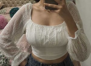 White Lace Sleeve Crop Top