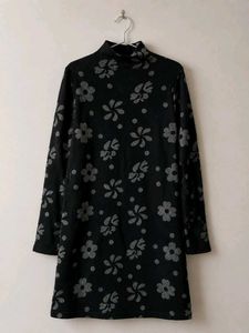 Women's Black Floral High Neck Long Knit Sweater
