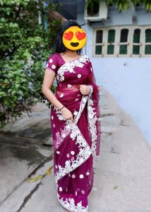 Purple Net Saree With Blouse