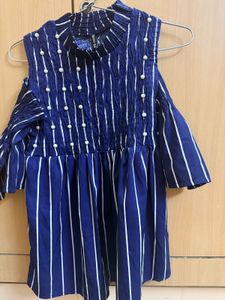 Blue Striped Cold Shoulder Top with Pearls