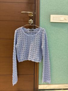 Blue Cropped Crochet Knit Sweater