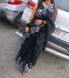 Elegant Black Embroidered Organza Saree