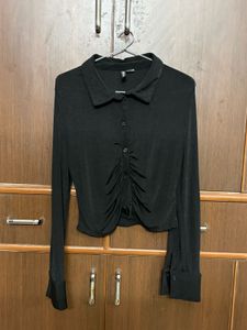 Chic Ruched Black Long Sleeve Top