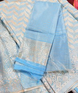 Sky Blue Saree with Picofall &amp; Unstitched Blouse