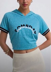 Blue "SOMEDAY" Graphic Hoodie Crop Top