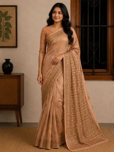 Elegant Beige Embroidered Saree