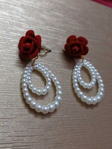Red Rose Pearl Dangle Earrings