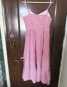 Cute Pink Gingham Tiered Midi Dress