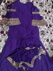 Embroidered Purple umbrella plazo kurta with dupat