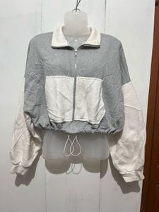 Grey &amp; White Cropped Zip-Up Jacket